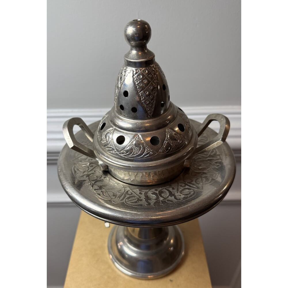 Vintage Moroccan Style Metal Incense Burner Stand 11” Pierced Lid - Picture 4 of 11
